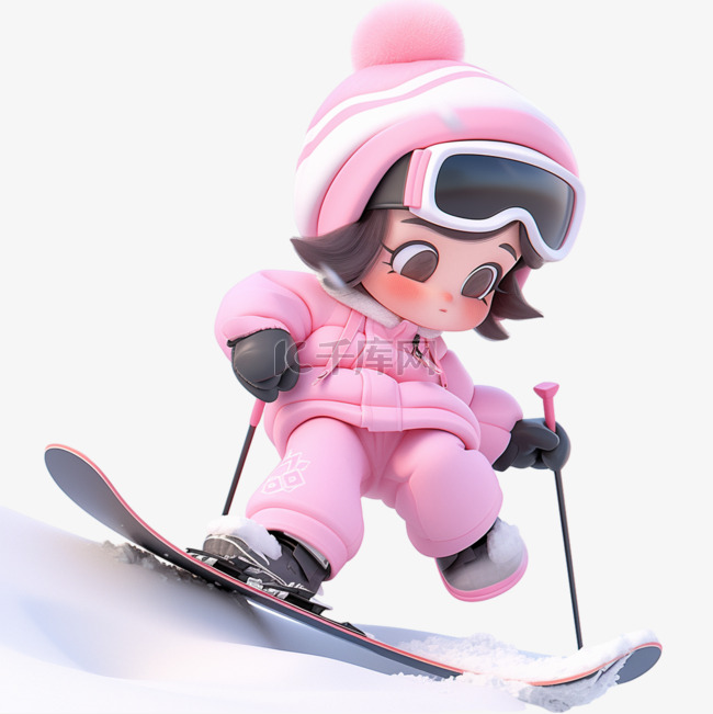 免抠元素冬天可爱女孩滑雪3d