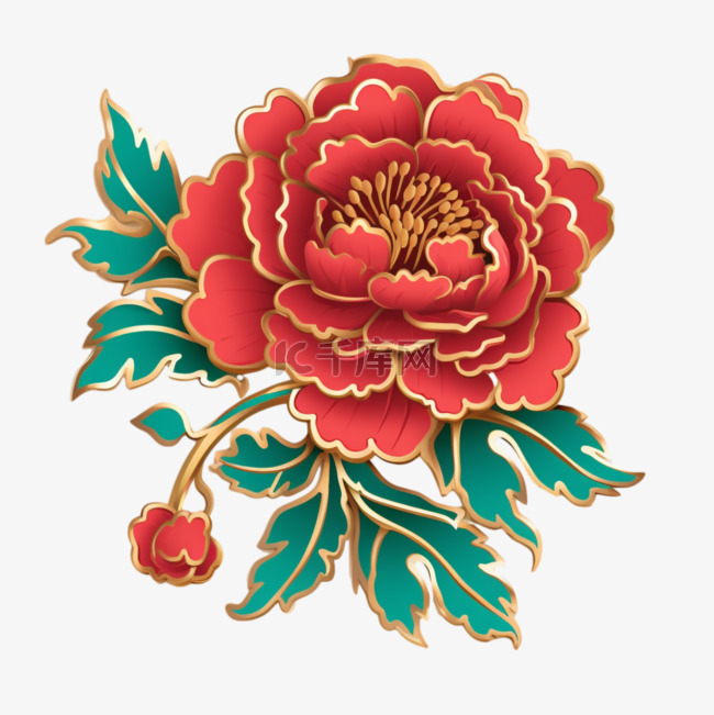 红色质感鎏金牡丹花中式免抠装饰