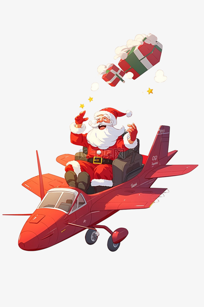 圣诞节卡通圣诞老人飞机礼盒手绘