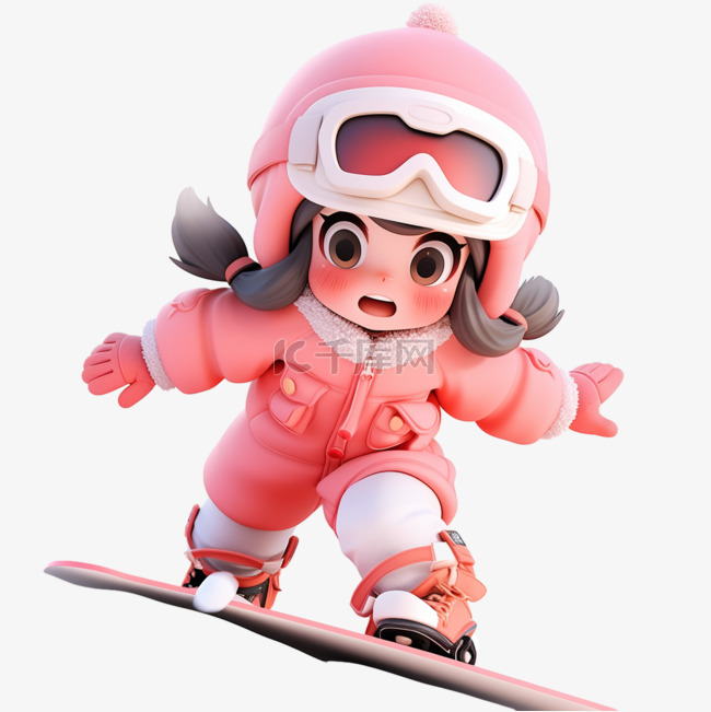 冬天可爱女孩元素滑雪3d免抠