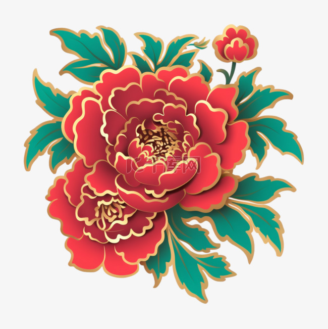 中式红色质感鎏金牡丹花装饰免抠