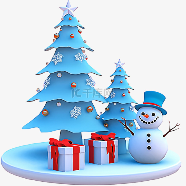冬天3d免抠圣诞节雪人松树元素
