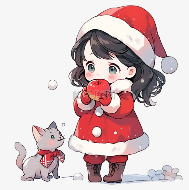 手绘元素圣诞节可爱女孩拿着苹果
