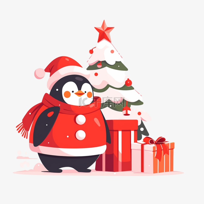 圣诞节手绘圣诞树元素企鹅卡通