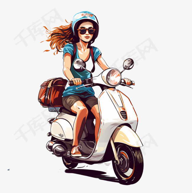 骑轻便摩托车的女游客