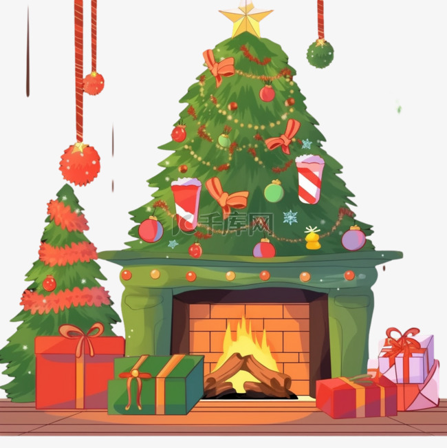 圣诞节卡通手绘圣诞树壁炉元素
