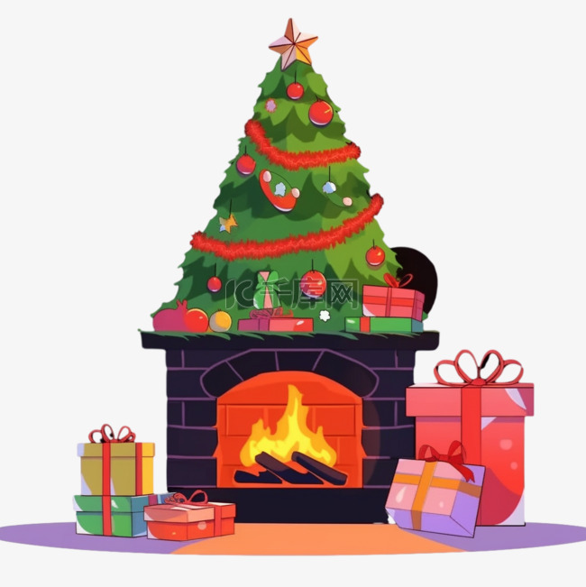 壁炉圣诞节圣诞树卡通手绘元素