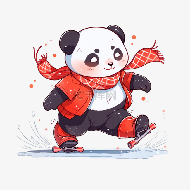 冬天卡通可爱熊猫滑冰手绘元素