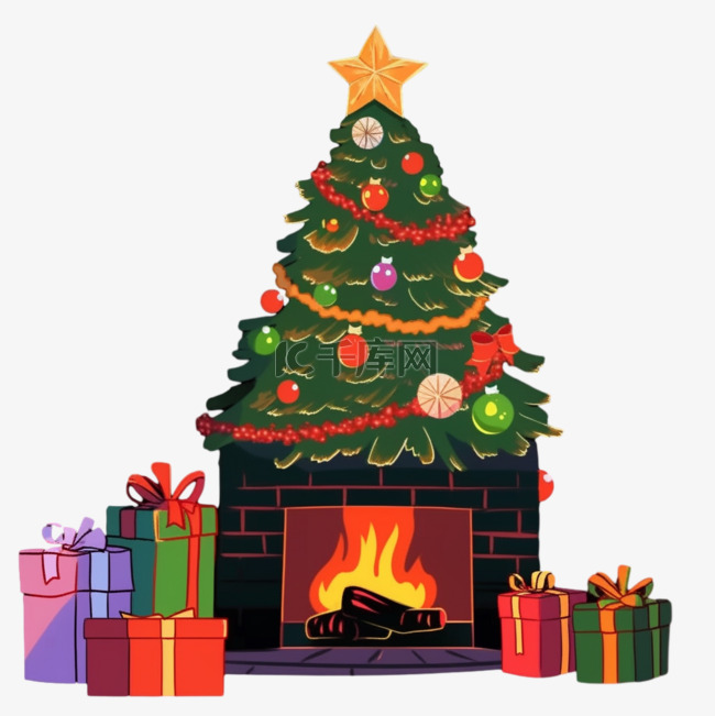 圣诞节圣诞树壁炉手绘卡通元素