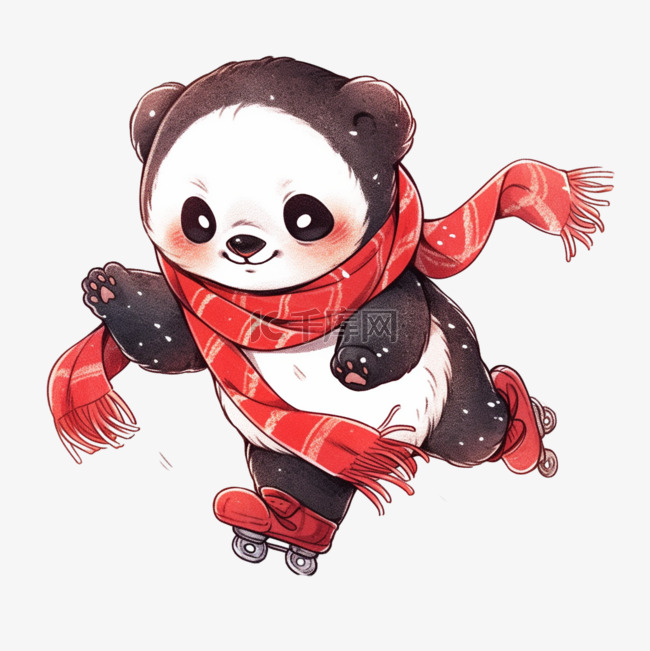 可爱熊猫冬天滑冰卡通手绘元素