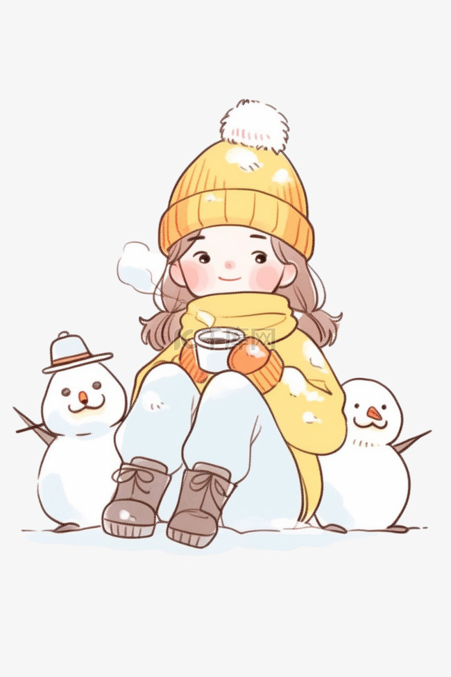 冬天雪人可爱女孩卡通手绘元素