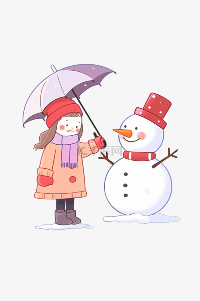 冬天拿伞女孩卡通雪人手绘元素