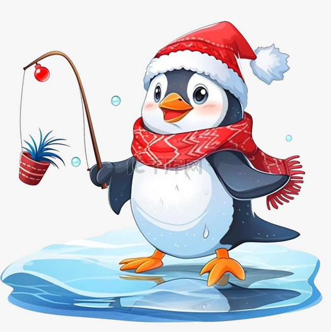 冬天企鹅钓鱼卡通手绘元素
