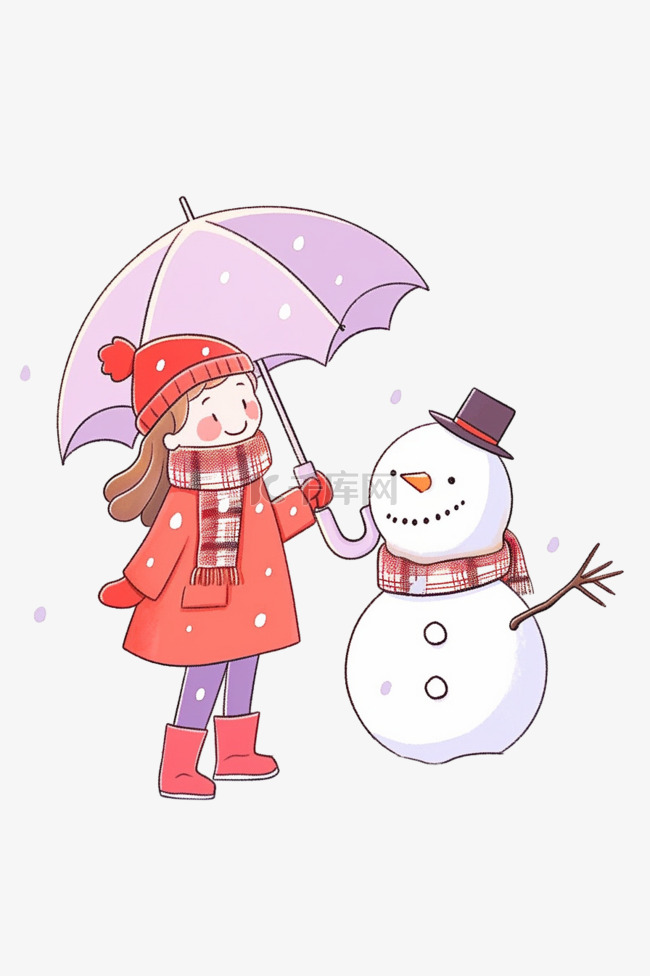 冬天雪人拿伞女孩卡通手绘元素