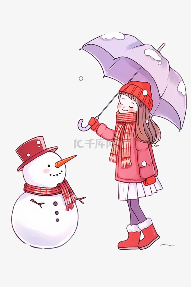 冬天拿伞女孩雪人卡通手绘元素