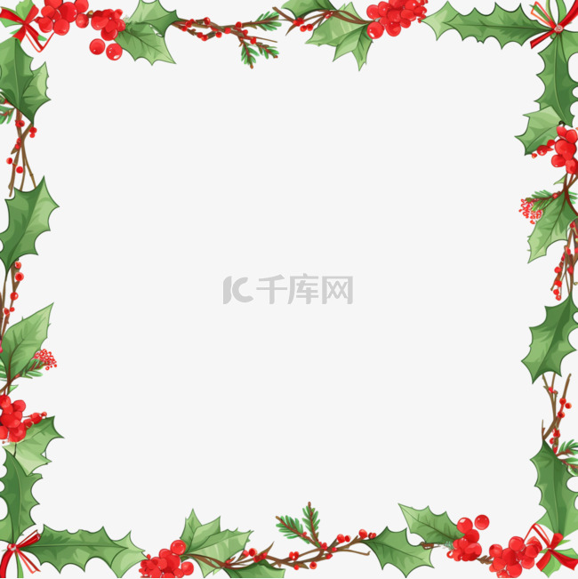 圣诞节绿叶红白边框卡通手绘元素