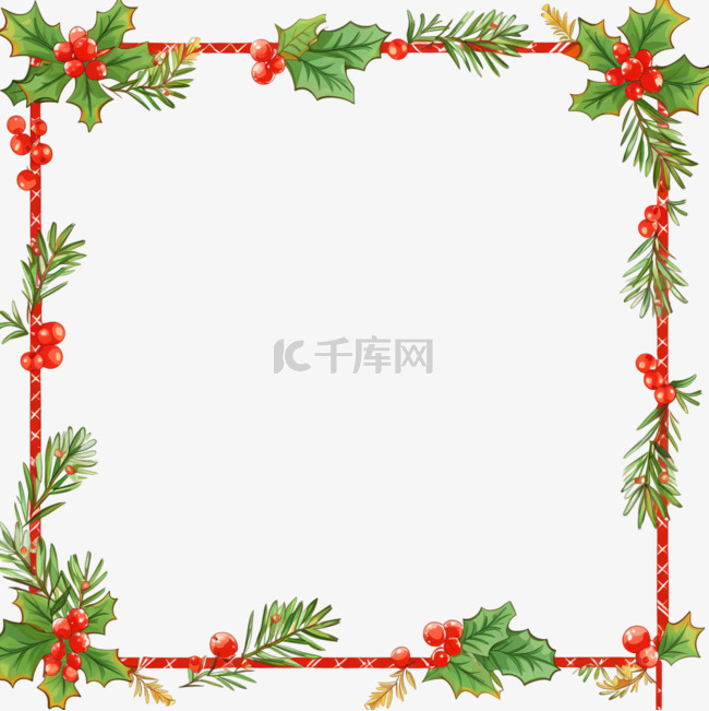 圣诞节绿叶手绘红白边框卡通元素