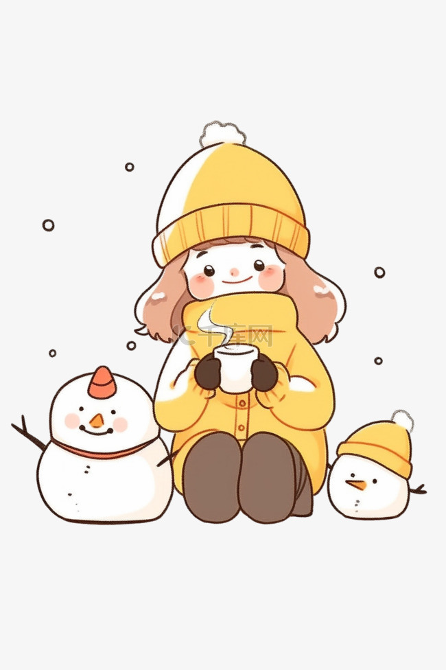 手绘元素冬天可爱女孩雪人卡通