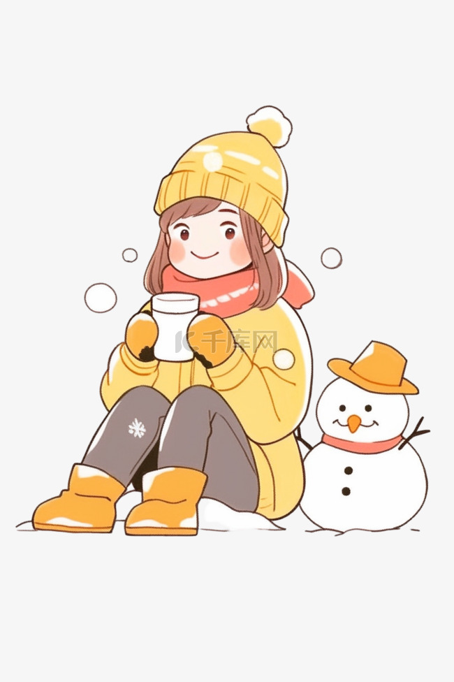 卡通冬天元素可爱女孩雪人手绘