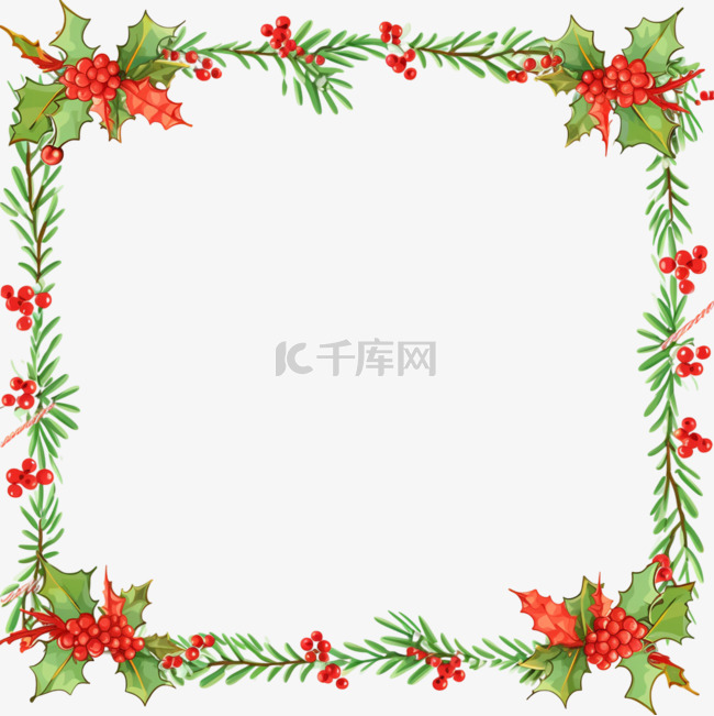 圣诞节绿叶卡通红白边框手绘元素