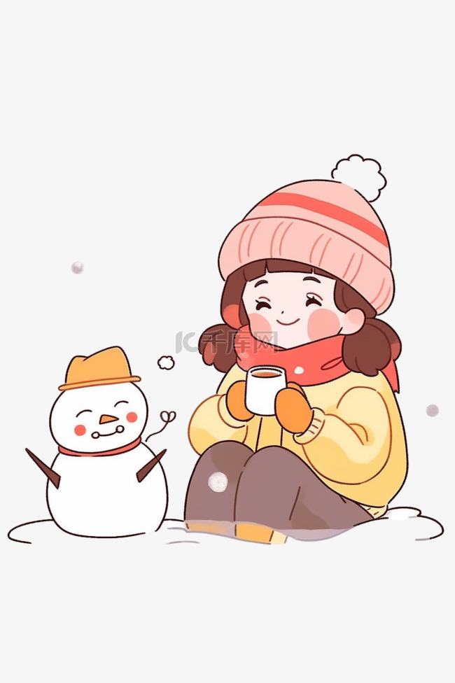 冬天卡通可爱女孩雪人手绘元素