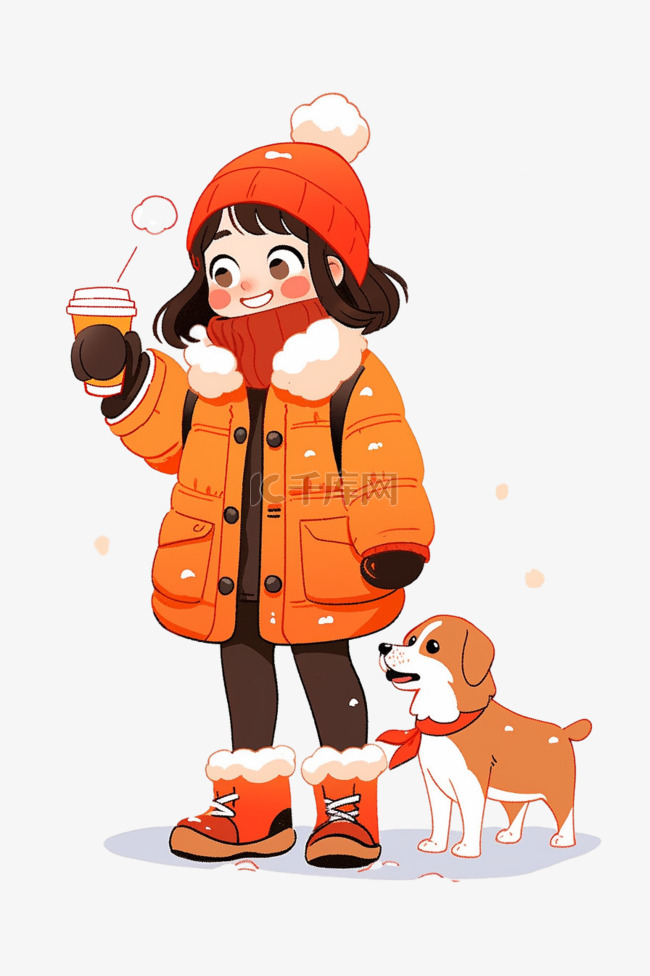 可爱女孩宠物咖啡冬天卡通手绘元