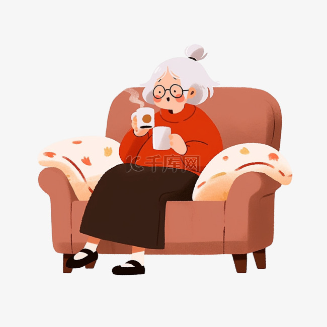 冬天喝咖啡慈祥奶奶卡通手绘元素