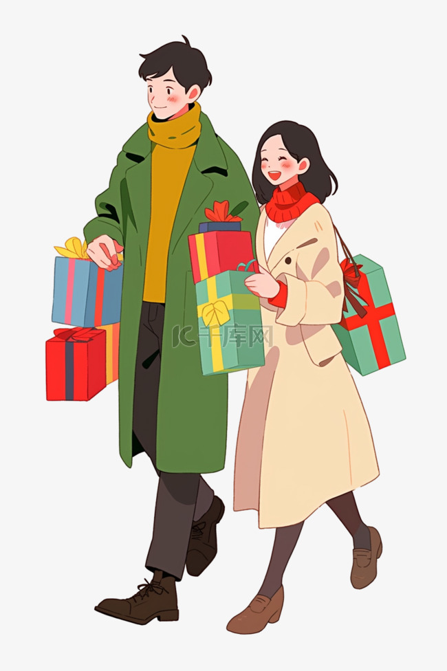 新年情侣购物手绘元素卡通
