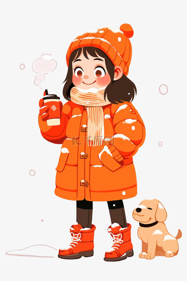 卡通冬天可爱女孩宠物咖啡手绘元
