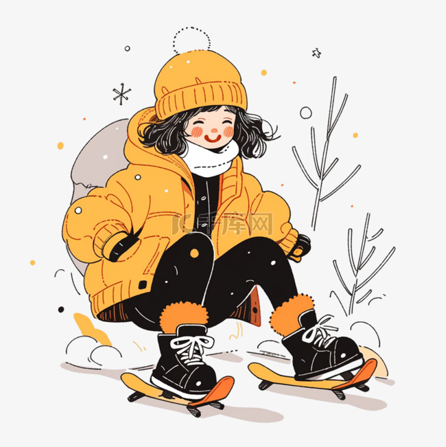冬天雪圈可爱女孩滑雪卡通手绘元