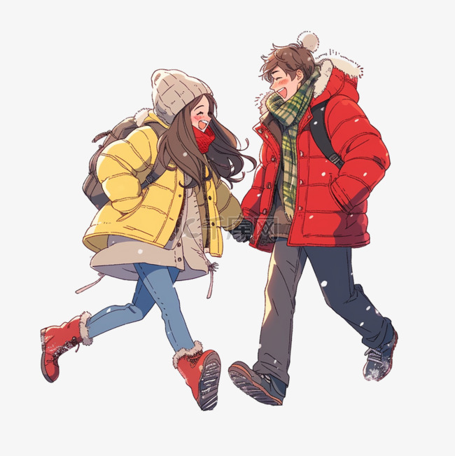 情侣雪天冬天散步卡通手绘元素