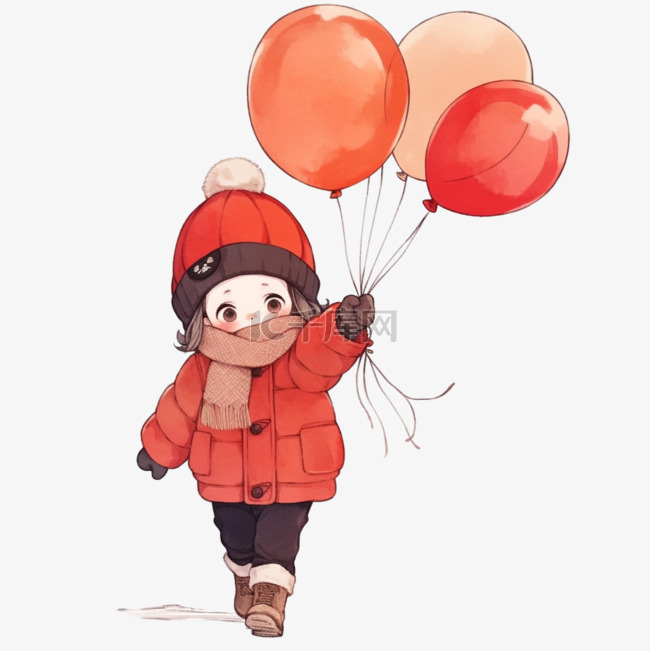 新年冬天女孩气球卡通元素手绘