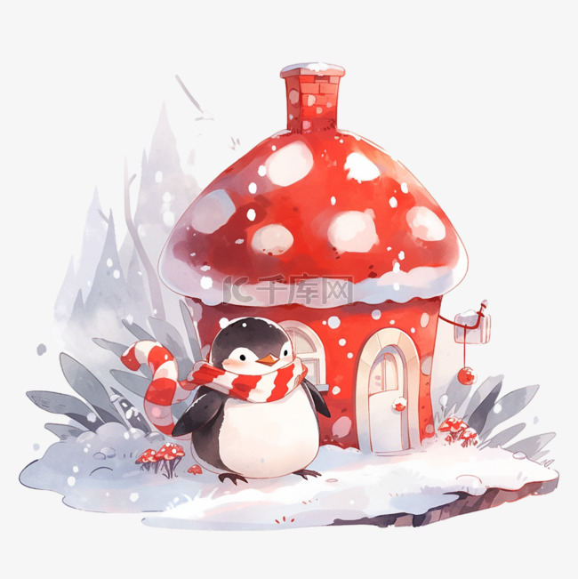 冬天蘑菇屋企鹅新年卡通手绘元素