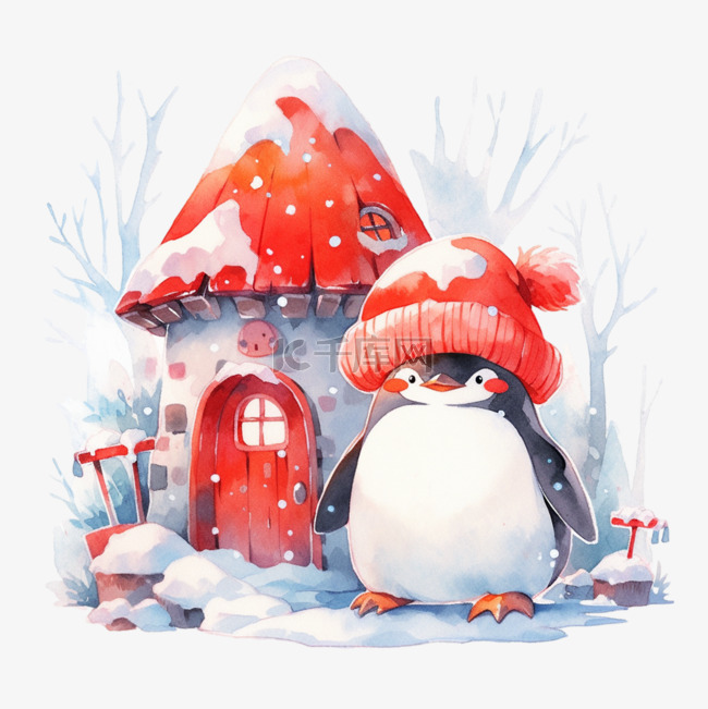 新年冬天蘑菇屋企鹅卡通手绘元素