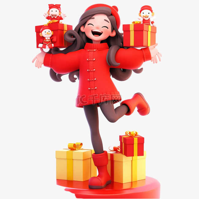 新年可爱女孩圣诞节礼盒3d免抠