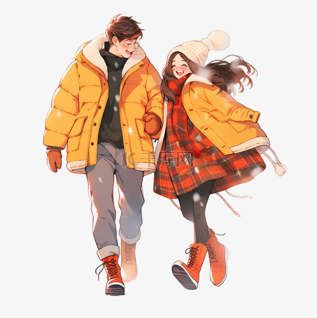 卡通冬天情侣雪天散步手绘元素