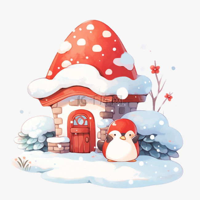 新年手绘元素冬天蘑菇屋企鹅卡通