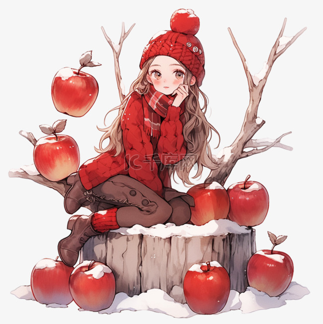 可爱女孩苹果卡通冬天手绘元素