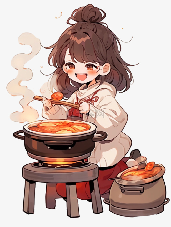 冬天手绘元素可爱女孩吃火锅卡通