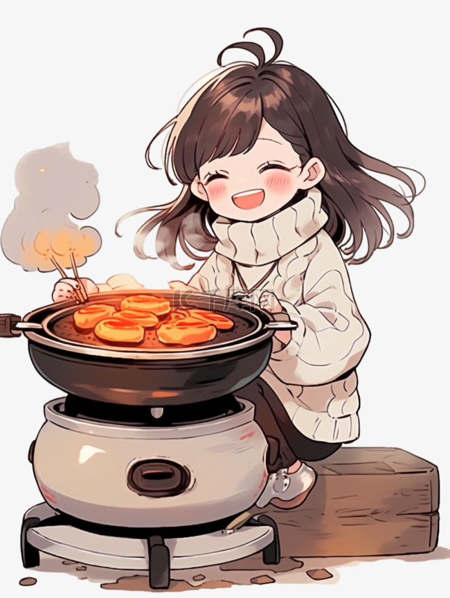 冬天吃火锅可爱女孩卡通手绘元素