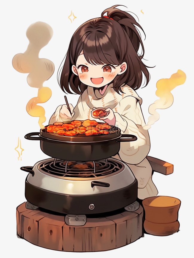 卡通手绘冬天可爱女孩吃火锅元素