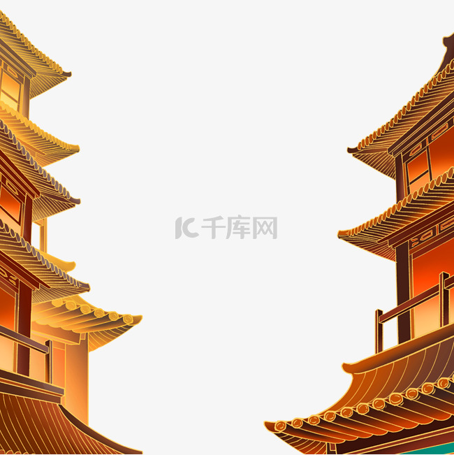 中国风国潮风建筑描线描金