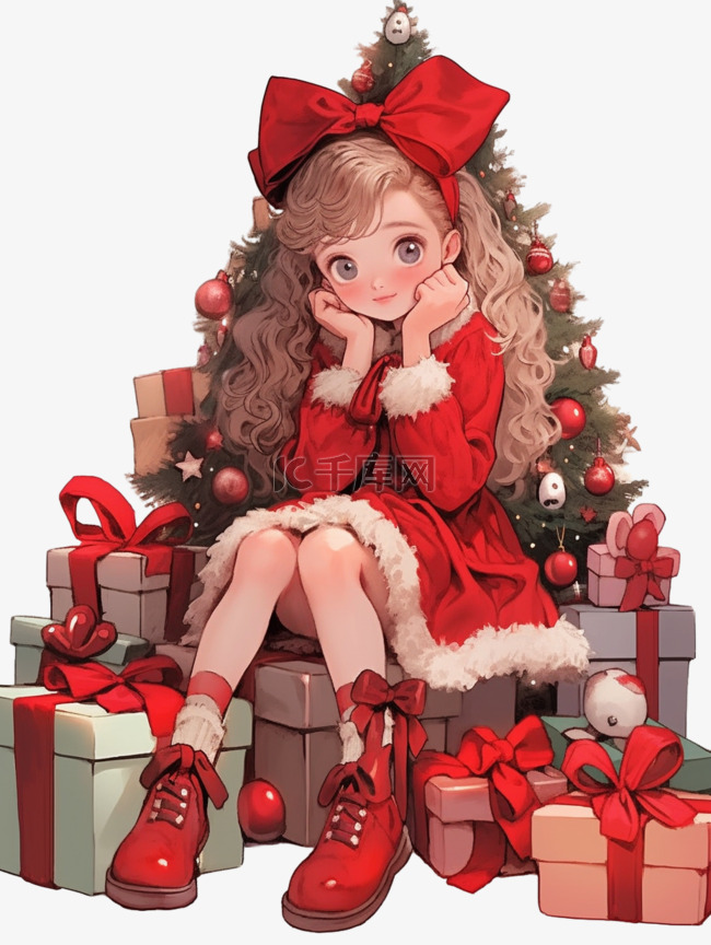 冬天圣诞节可爱女孩礼盒手绘元素