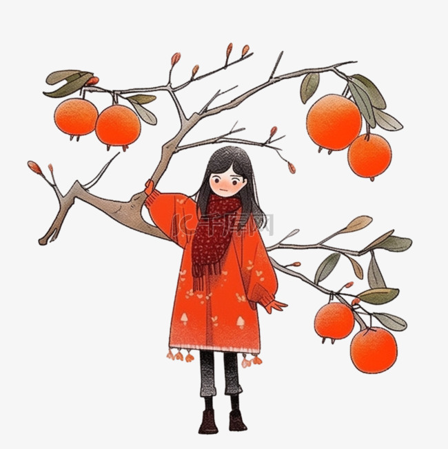 元素可爱卡通女孩柿子树手绘