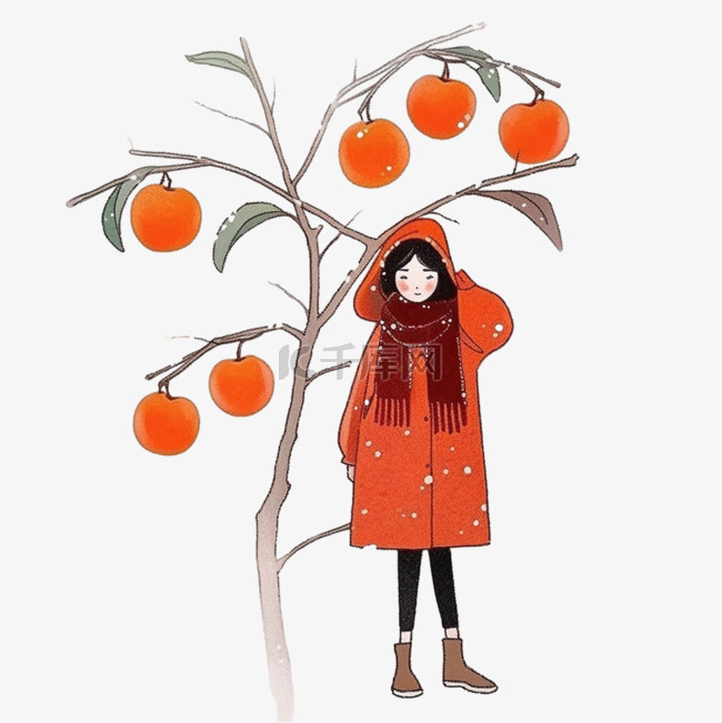 可爱女孩卡通柿子树手绘元素