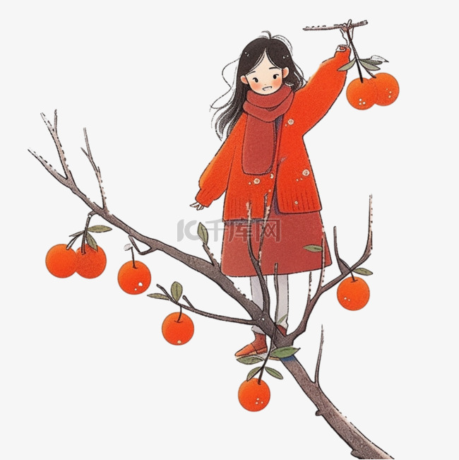 卡通可爱女孩柿子树元素手绘