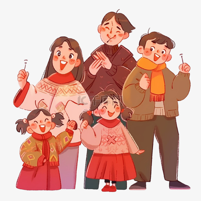 新年手绘元素一家人拜年卡通春节