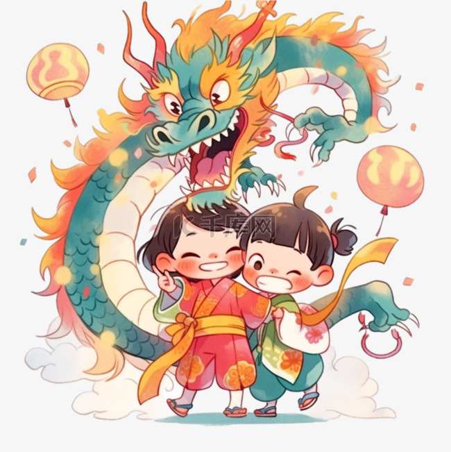 春节新春新年小孩和龙卡通可爱新