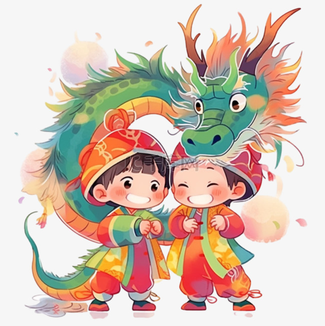 春节新年小孩和龙卡通可爱龙年龙