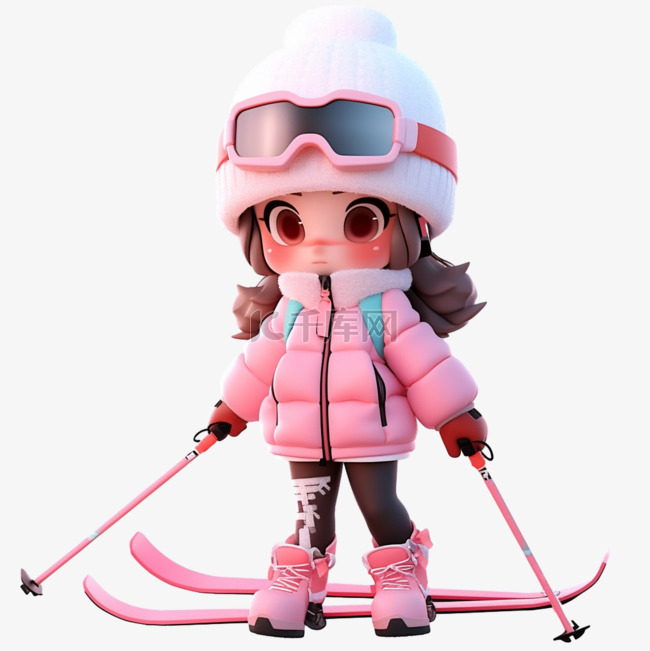 3d冬天元素可爱女孩滑雪立体免抠